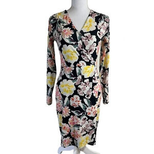 French Connection Colorful Floral Jersey Stretch Knit Dress Size 0 Draped V Neck